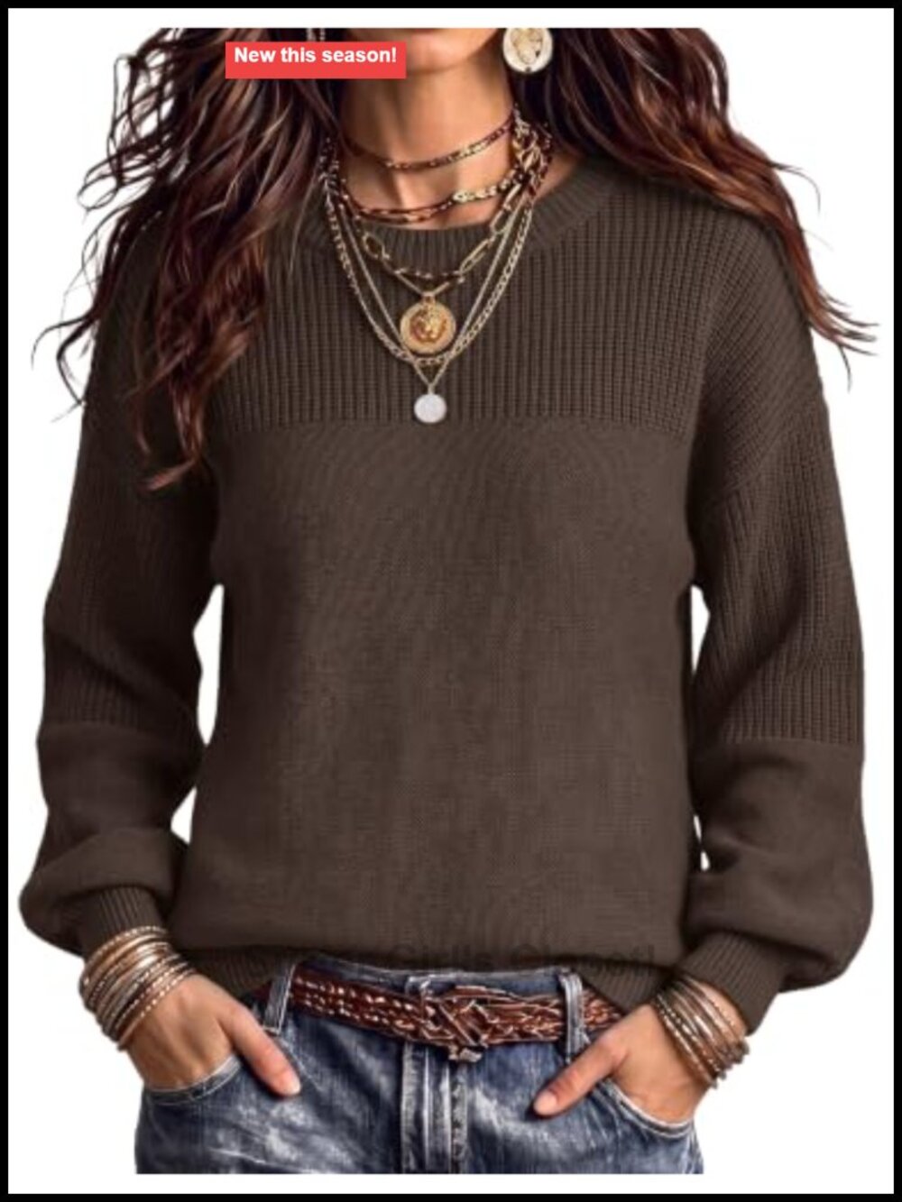 Women Cotton Acrylic Chunky Knit Crew Neck Pullover Sweater Loose Fit